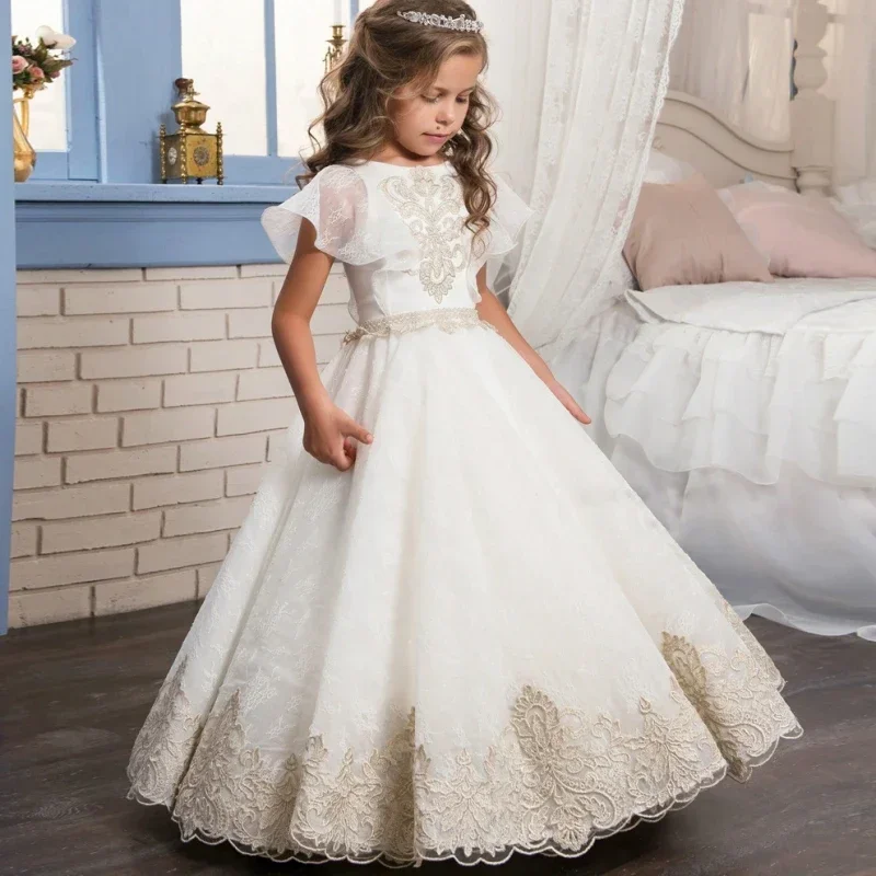 

Flower Girl Dresses Ivory Tulle Puffy Champagne Lace Pattern Appliques Short Sleeve For Wedding Birthday Banquet Princess Gowns