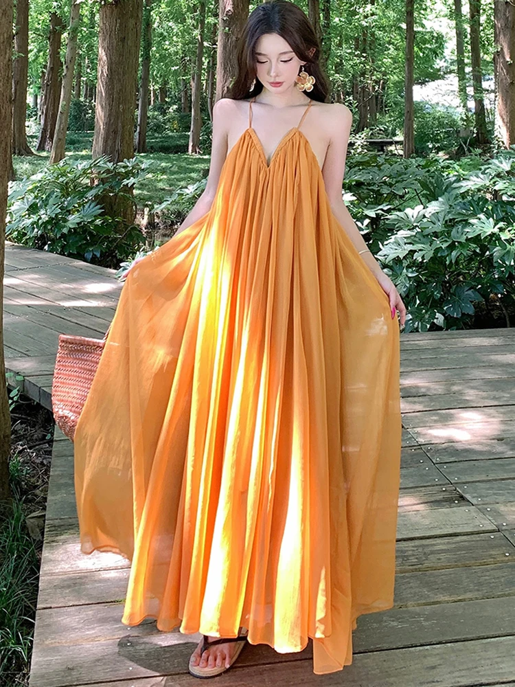 Sukienka damska vintage boho szyfonowa luźna letnia seksowna bez pleców elegancka wakacyjna plażowa codzienna