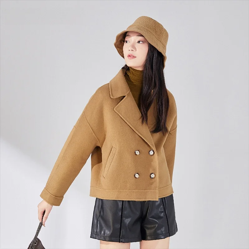 

Double-Faced Woolen ort Coat Pure Color Double-Breasted Button Design Sweet Sle Winter New Arrival Ele Lady's Coat