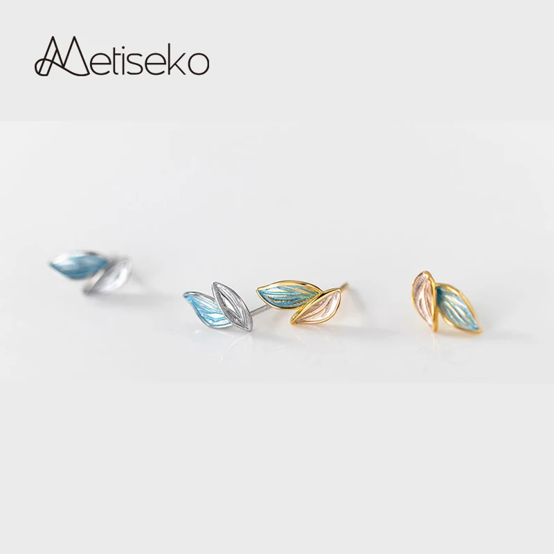 Metiseko 925 Sterling Silver Gradient Blue Color Leafs Plant Stud Earrings Light Blue Individual Women Earrings Fine Jewelry