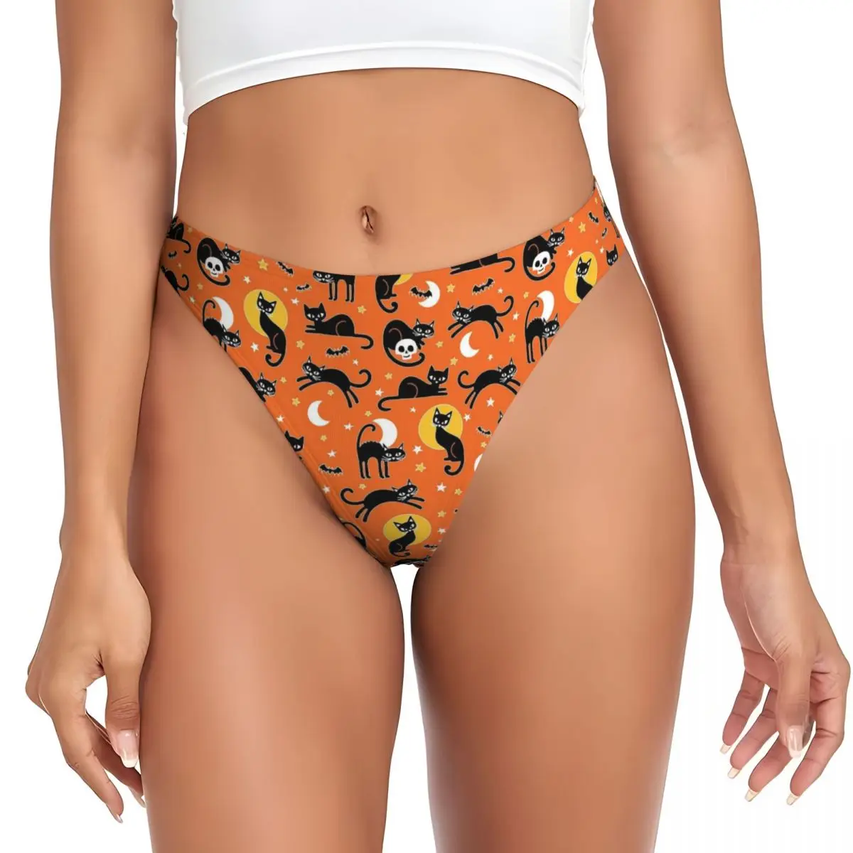 Custom Womens Halloween Pattern Bats Cats Boo G-string Thongs Stretch Panties Underwear