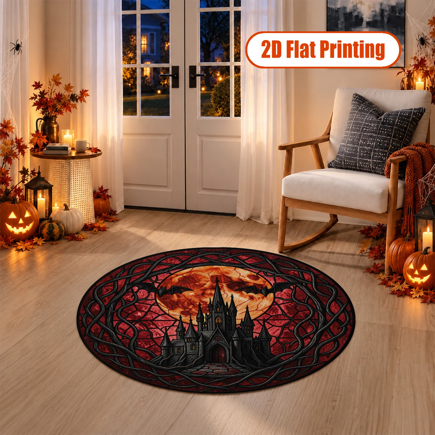 Stained Glass Haunted Castle Bat Moon Round Velvet Rug Machine Washable for Living Room Bedroom Entryway Dining Room Halloween Thanksgiving Black Friday Christmas New Year