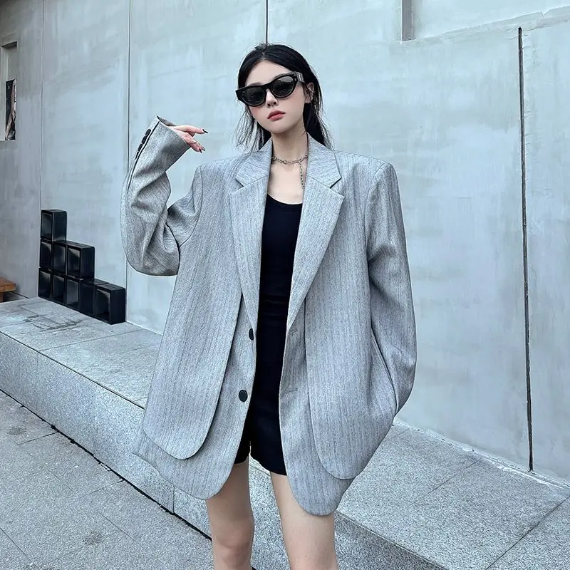 Women Gray Fake Two Pieces Big Size Blazer New Lapel Long Sleeve Shoulder Pad Jacket Fashion Spring Autumn 2025