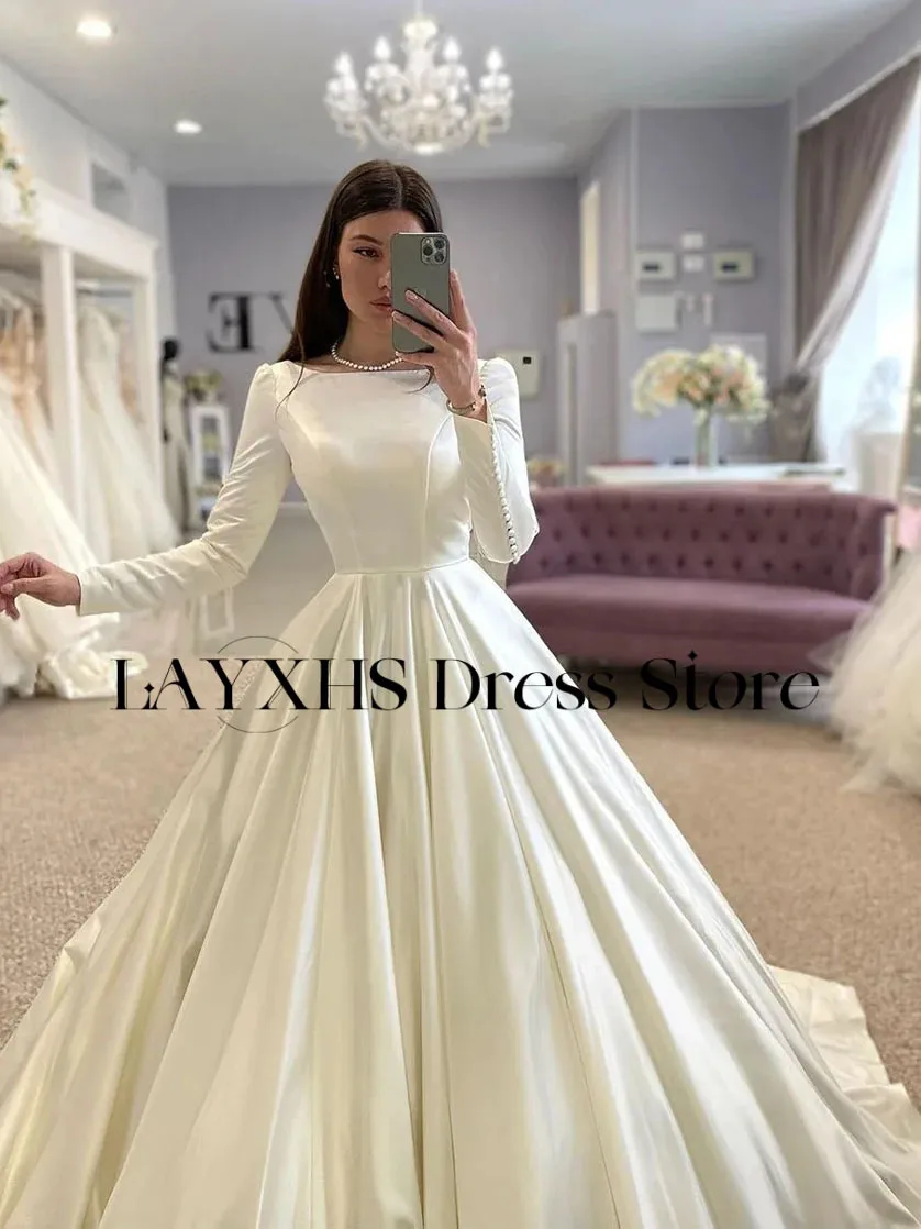 LAYXHS Elegant Boat Neck Wedding Dresses A-Line Long Sleeves Button Pleat Bridal Gowns Customized vestidos de novia