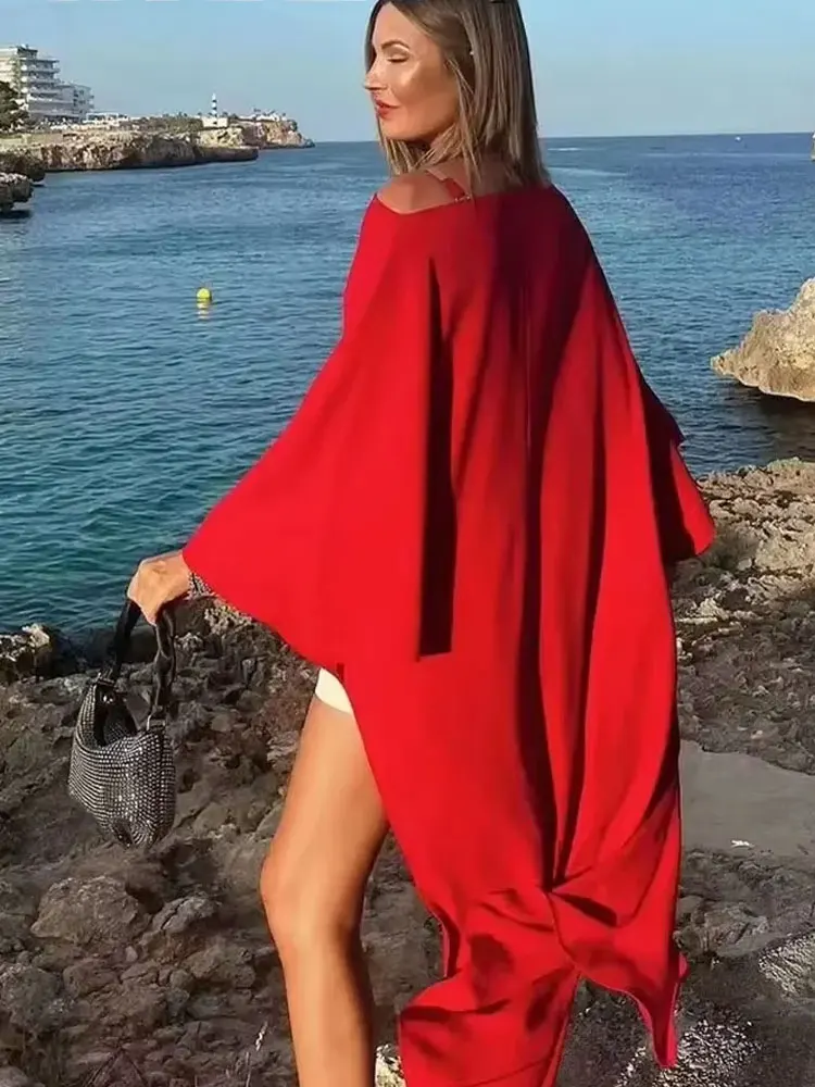 HH 2024 Female Summer Asymmetric Tops Resort Style Short Sleeves Cape Style Wild Round Neck Red Satin Loose Casual Tops