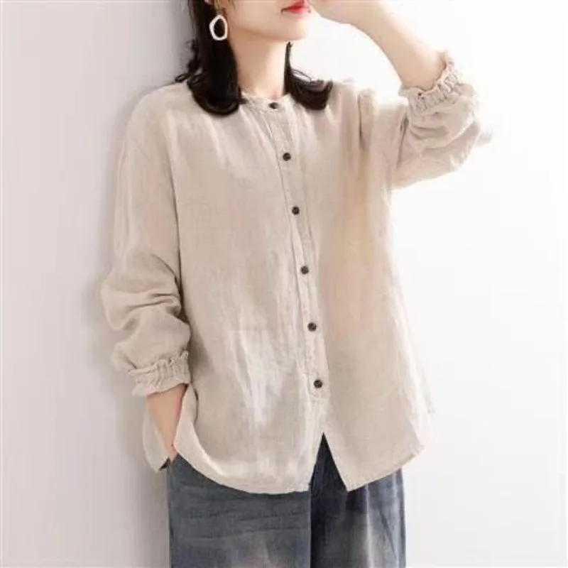 Women\'s Spring Autumn Round Neck Solid Button Pullover Bubble Distressed Long Sleeve Loose T-shirt Shirt Fashion Vintage Tops