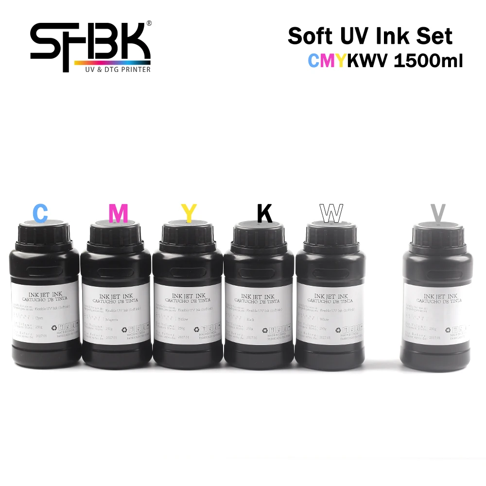 1 SET 1500ml CMYKWV SOFT UV INK, Printing leather, TPU, silicone, soft rubber, belts, foldable flexible UV ink