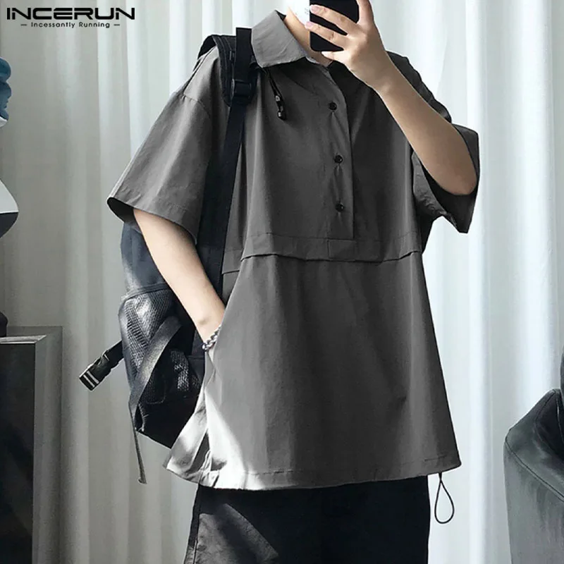 

INCERUN Tops 2024 Korean Style New Men's Solid Loose Comfortable Shirts Fashionable Casual Male Lapel Short Sleeved Blouse S-5XL