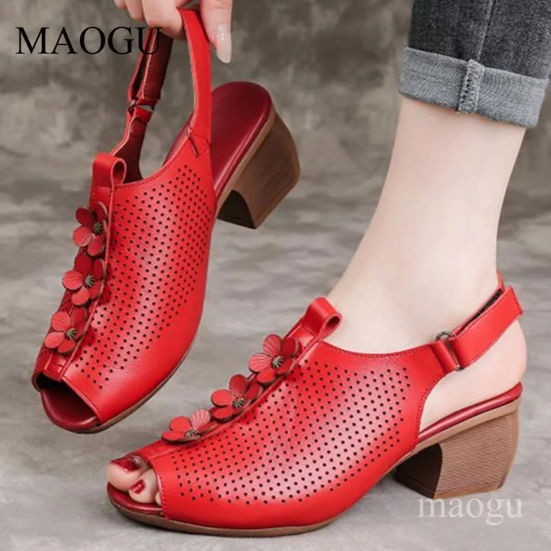 Women's Slingback Block Heel Sandals Floral Peep Toe Vintage Ladies Sandal Size 35-41 Breathable Mom Shoes Sandálias Femininas