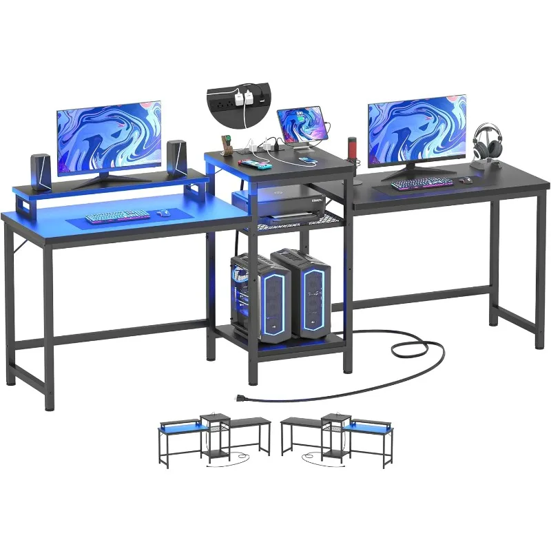 

2 Person Computer Desk with LED Light and Power Outlets, Double Gaming Desk, Large Workstation with Storage and Printer Stand,