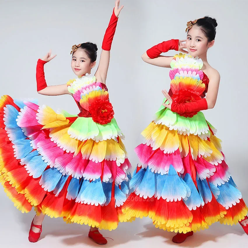 Gypsy Girls Spanish Bullfight Flamenco Skirts Belly Dance Dresses For Kids Girls Long Robe Flamenco Peony Petal Dress Costumes