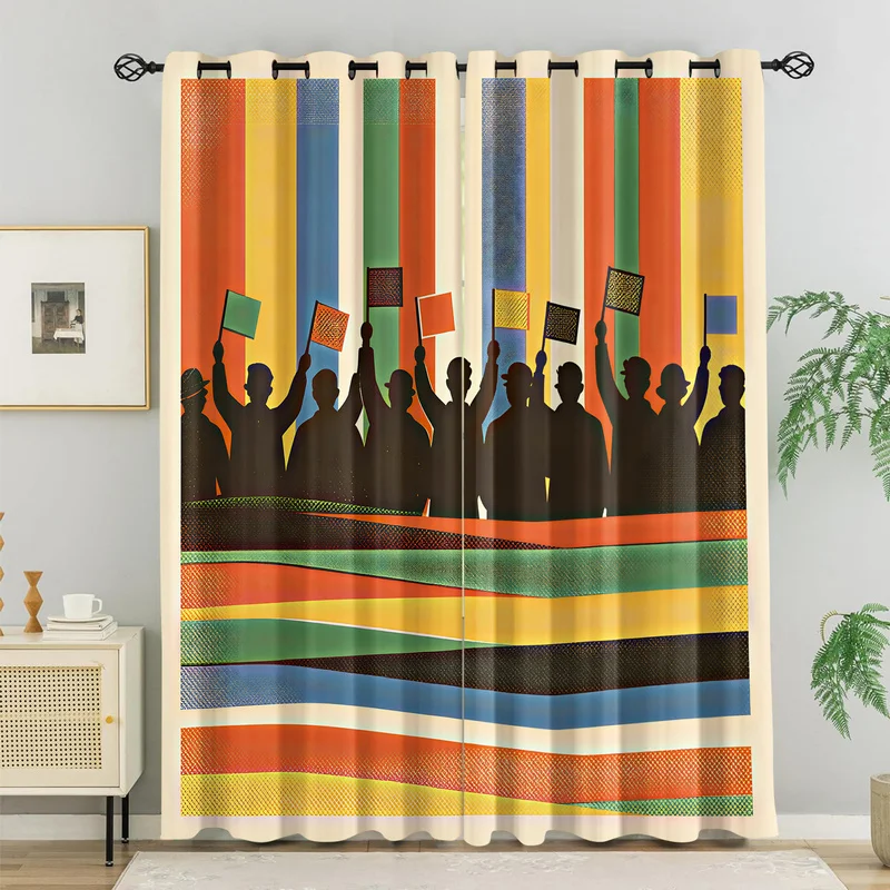 Retro Sports Fan Window Curtain Football Rugby Cheering Crowd Flag Print Drapes Stylish Curtains For Bedroom Living Room Decor
