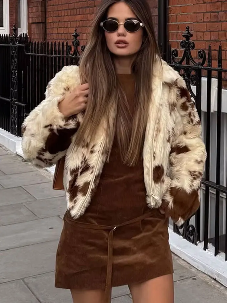 HH 2024 Winter Fashion Faux Fur Coats For Women Long Sleeves Print Side Pockets Zipper Fly Turn-Down Collar Causal Jackets
