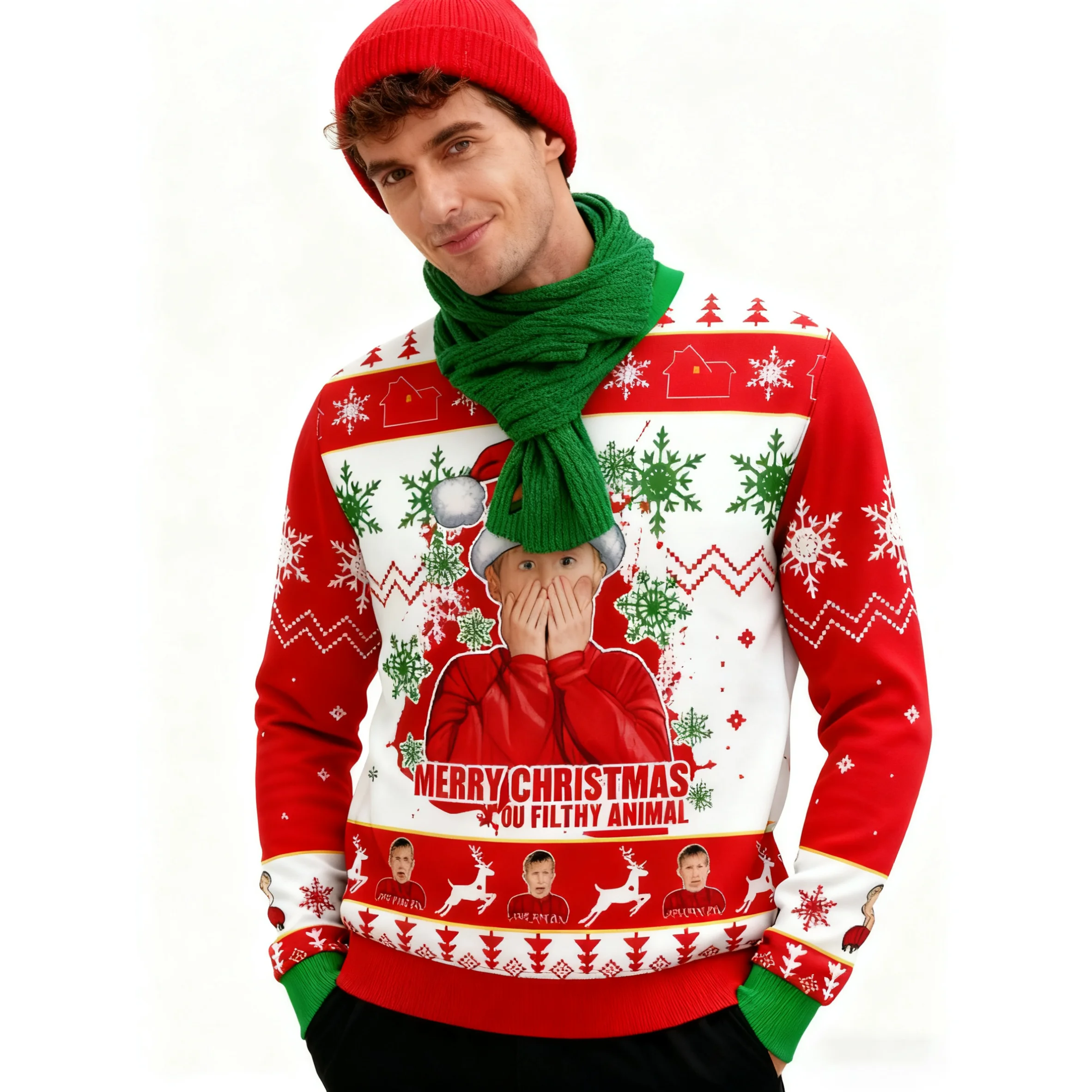 

Один дома Рождественский уродливый свитер 2026 Подарок Красный Веселый праздничный стиль Большой рождественский семейный детский рождественский свитер для вечеринки