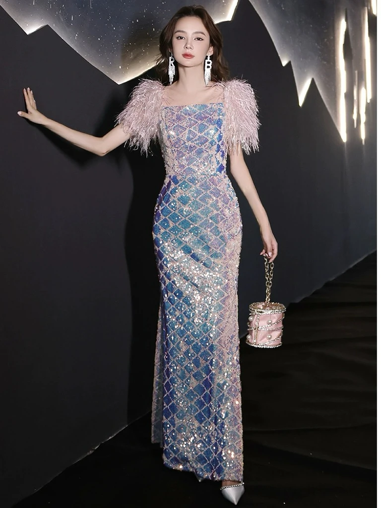 

Sweet Square Collar Celebrity Dresses Feather Mermaid Sequins Woman Banquet Floor Length Luxury Party Evening Prom Gowns