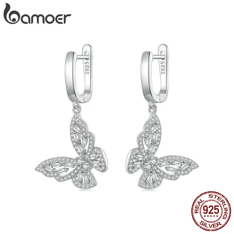 

BAMOER 925 Sterling Silver CZ Butterfly Hoop Earrings Dangle Charm for Women Girls Elegant Wedding Engagement Drop Earrings