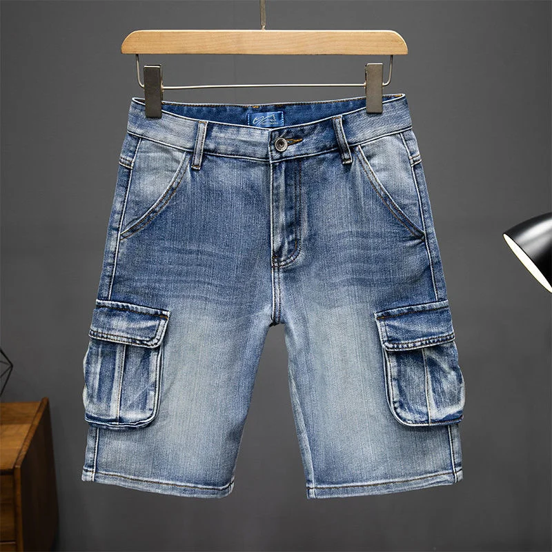 Denim Shorts Men's Summer Work Clothes Multiple Pockets Loose Thin Quarter Pants Casual Large Straight Leg Trendy Breeches Korea