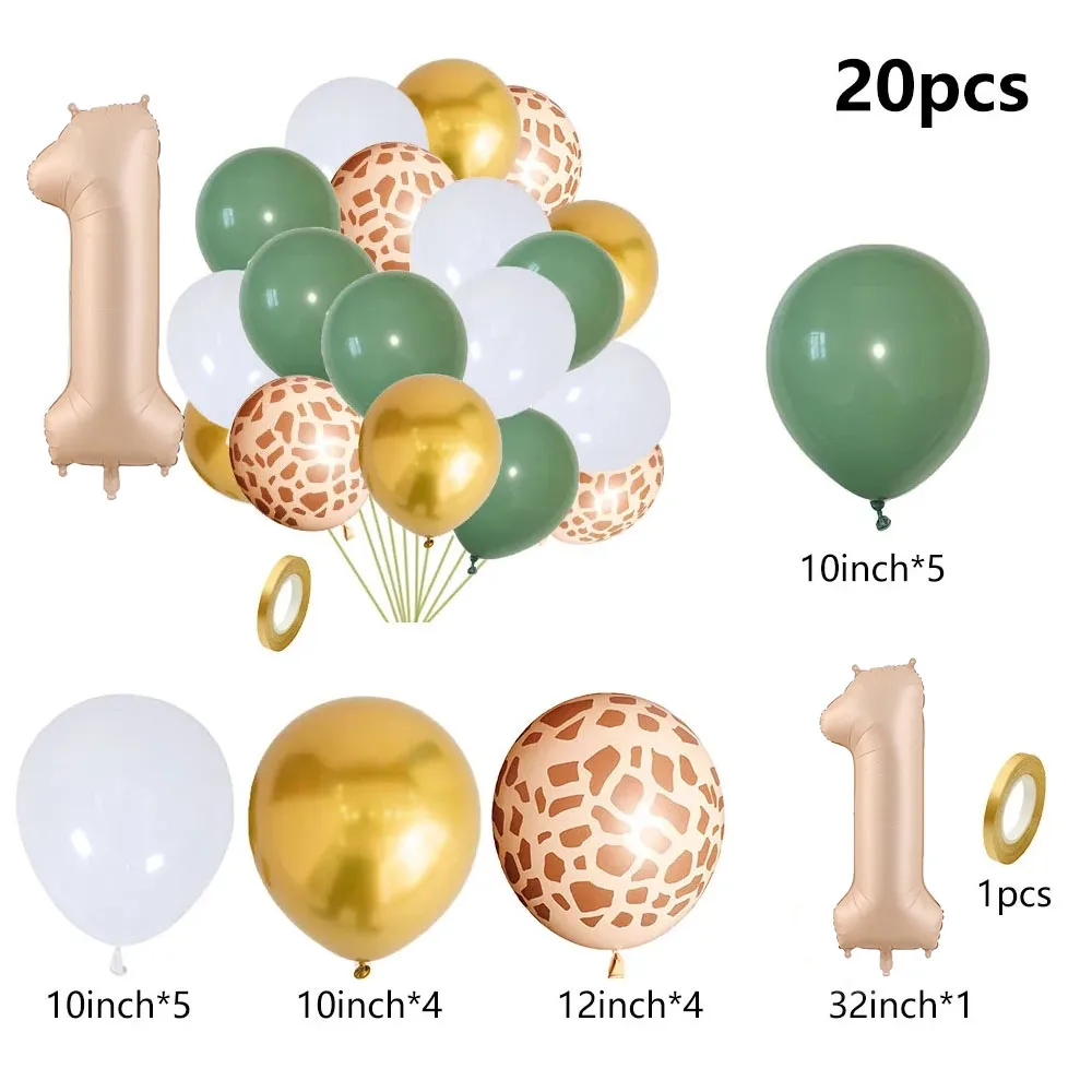 20pcs Jungle Animal Theme Party Sage Green Balloon Caramel Number 0-9 Foil Balloons Happy Birthday Party Baby Shower Decoration