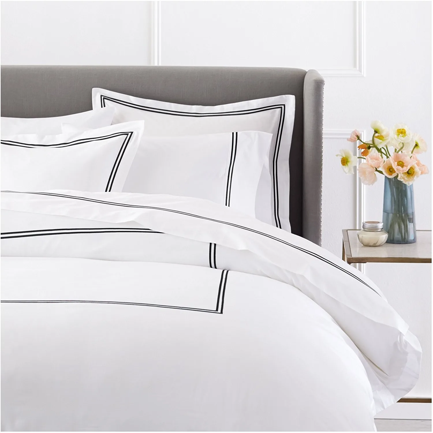 Luxury Soft Brushed 400-Thread-Count Egyptian Cotton Embroidered Duvet Cover Set with Beautiful 2-Stripe Embroidery