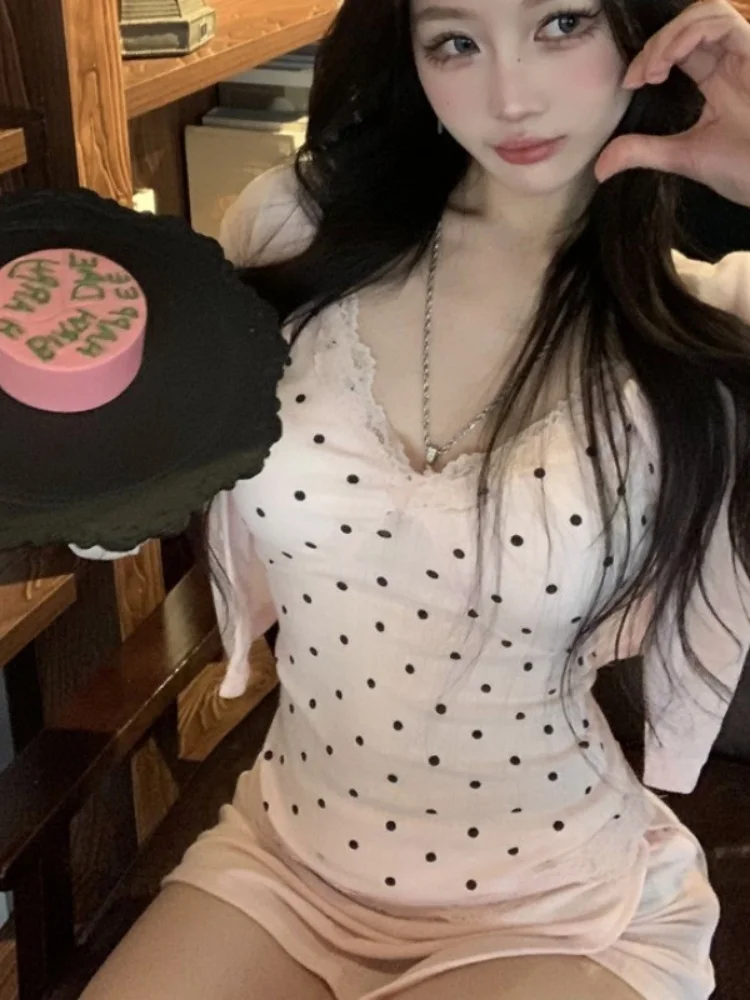 

Sweet And Spicy Girl Set Pink Long Sve Open Cardigan Women's Polka Dot Strap Autumn Wrap around Skirt Tee Piece Set