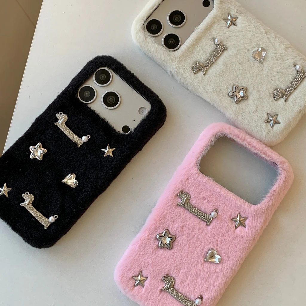 

Зимний теплый плюшевый чехол со стразами, такса, собака, звезда, противоударный защитный чехол для телефона для iPhone 17, 16, 15, 14 Pro Max