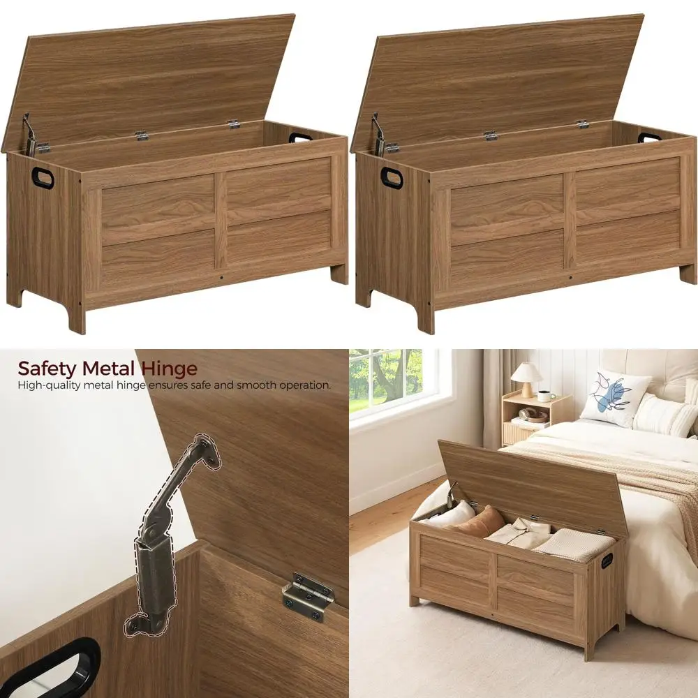 صندوق تخزين كبير باللون البني العسلي، صندوق ألعاب 39.4، مقعد مدخل مع أمان مفصلية، أثاث غرفة المعيشة