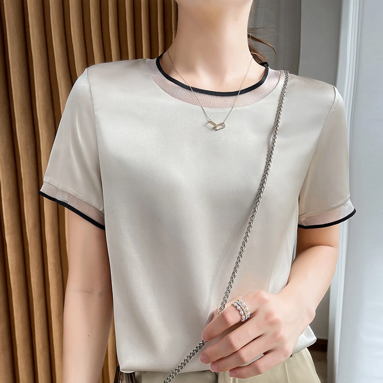 Summer Short Sleeve Women\'s T Shirt New Fashion Simulation Silk Satin Short Sleeve T Shirt Mesh Splicing V Neck Solid Color Tops