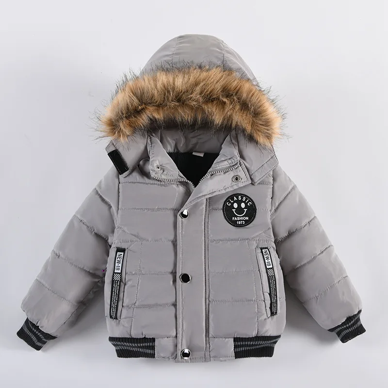 New Winter Boys Jacket Warm Fur Collar Fashion Baby Girls Coat Hooded Zipper Outerwear Birthday Gift 1-6 Years Kids Clothes