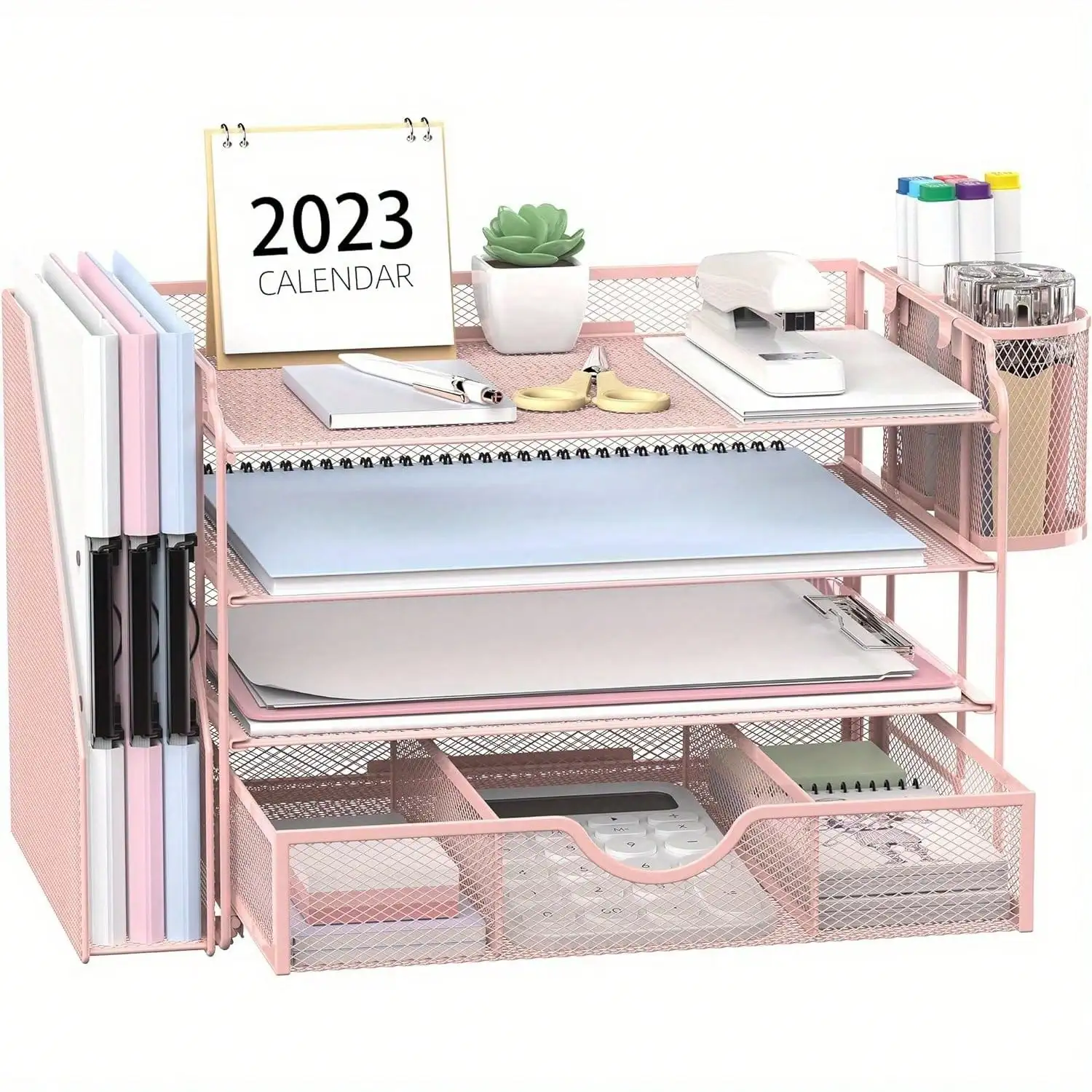 4-Tier Metal Mesh Paper Organizer with File Shelf 1 Drawer 2 Pen Holders for Office Desk