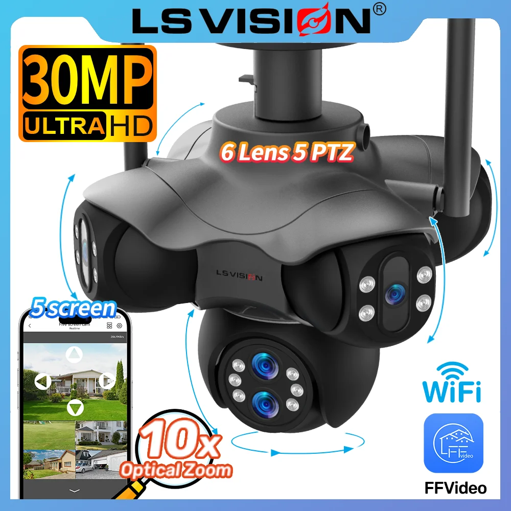 

LS VISION Five Screen 10X Zoom WiFi Security Camera 30MP 6Lens 5-PTZ Outdoor Surveillance Cam Human Auto Tracking IP CCTV Camera