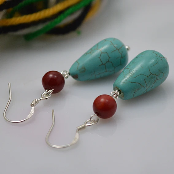 Perfect Green Turquoise Red Coral Stone Dangle Earrings For Women Original Handmade S925 Silver Earrings Wedding Party Lady Gift