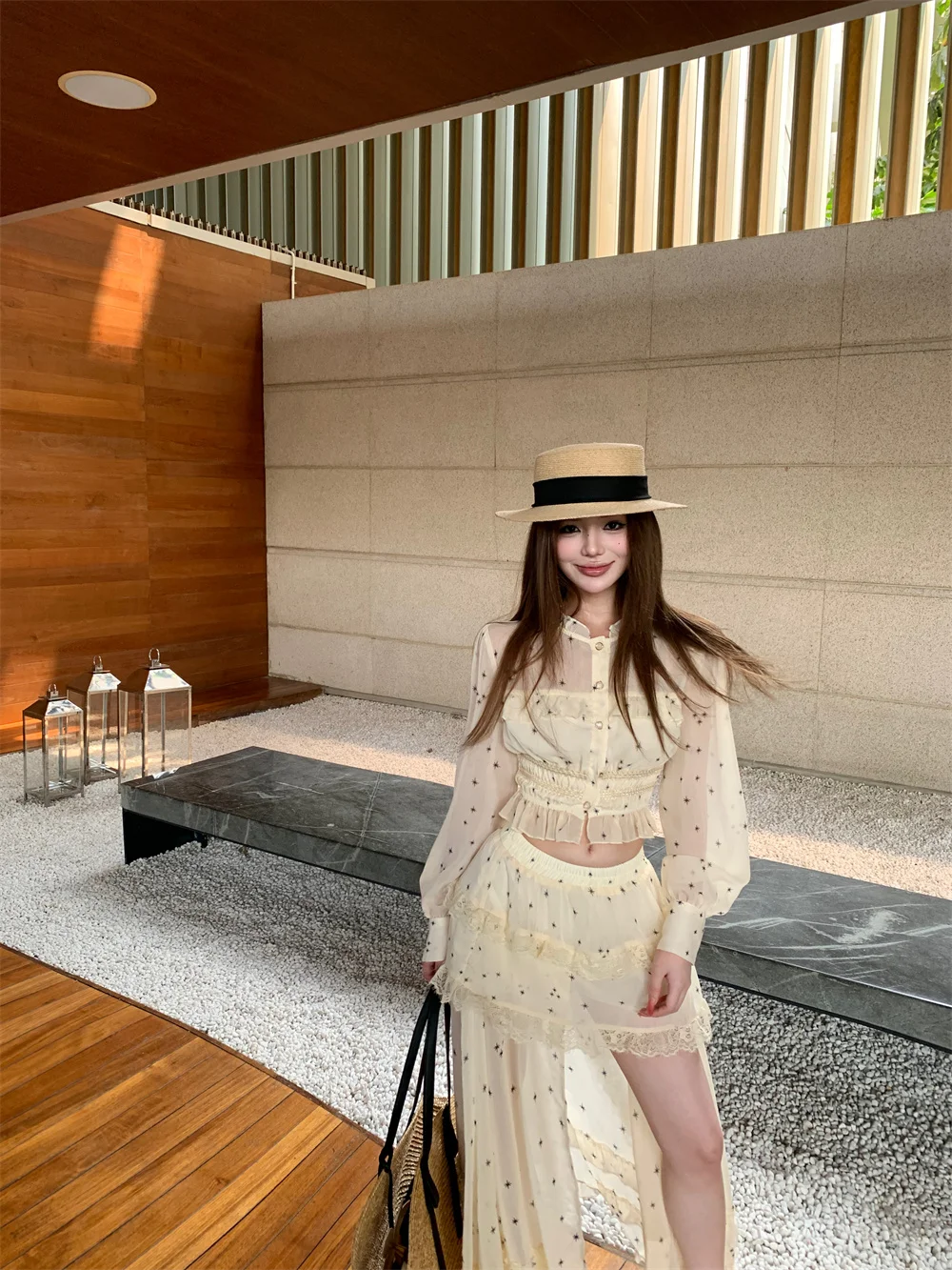 

Sweet Style Long Sleeve Shirt And High Waist Skirt Two Piece Set for Women Summer Loose Fit Lace Trim Blouse And Skirt