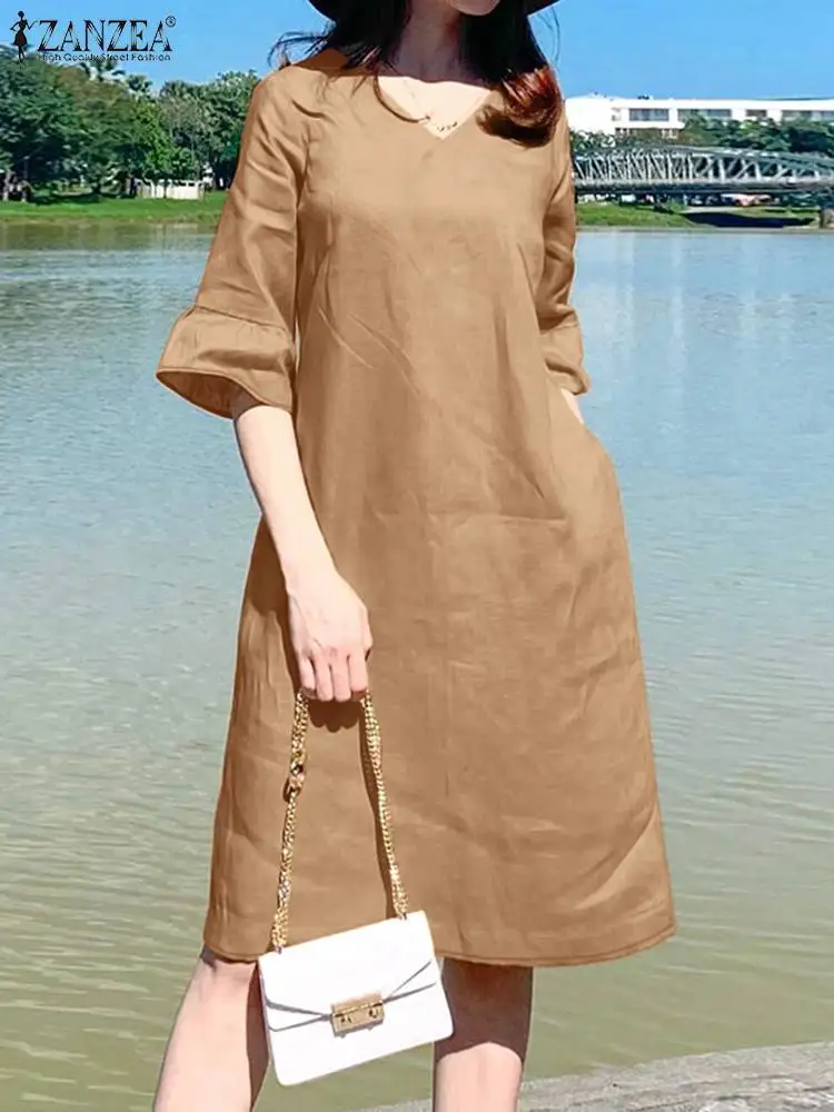 ZANZEA Elegant Women V-Neck Half Sleeve Sundress Summer Dress Fashion Casual Party Work Vestidos Robe Femme Solid Loose Dresses