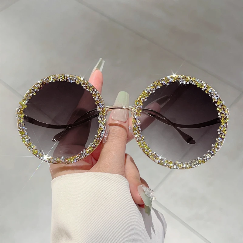 KAMMPT Trendy Retro Crystal Shiny Round Shades Women Ins Brand Design Sunglasses New Fashion Driving Anti UV Sun Glasses