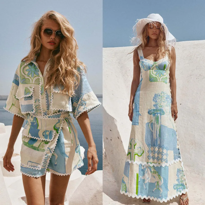 Ensemble jupe 2 pièces imprimé Patchwork élégant pour femmes, nouveau Design Chic, t-shirt en coton et lin, Mini jupe, robe Camisole, tenue de vacances