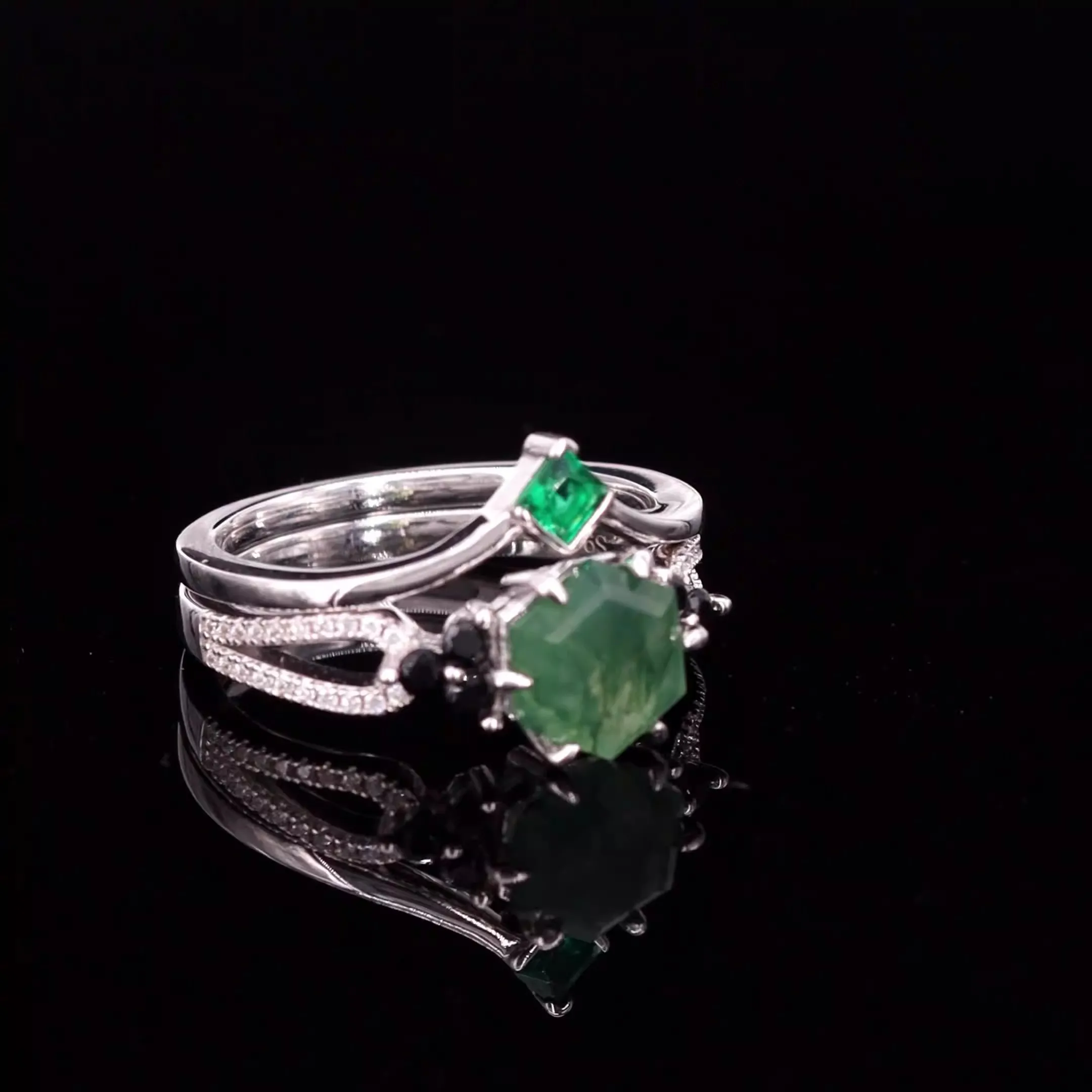 925 Sterling Silver Unique Crown Ring Set for Woman Hexagon Cut Natural Moss Agate Stone 8*8mm Wedding Christmas Gift