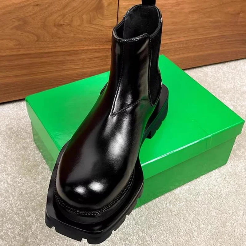 

New Design Calfskin Men's Chelsea Boots British Men Boots Thick Soled Height-increasing 6cm Ankle Boots Winter Outdoor Shoes