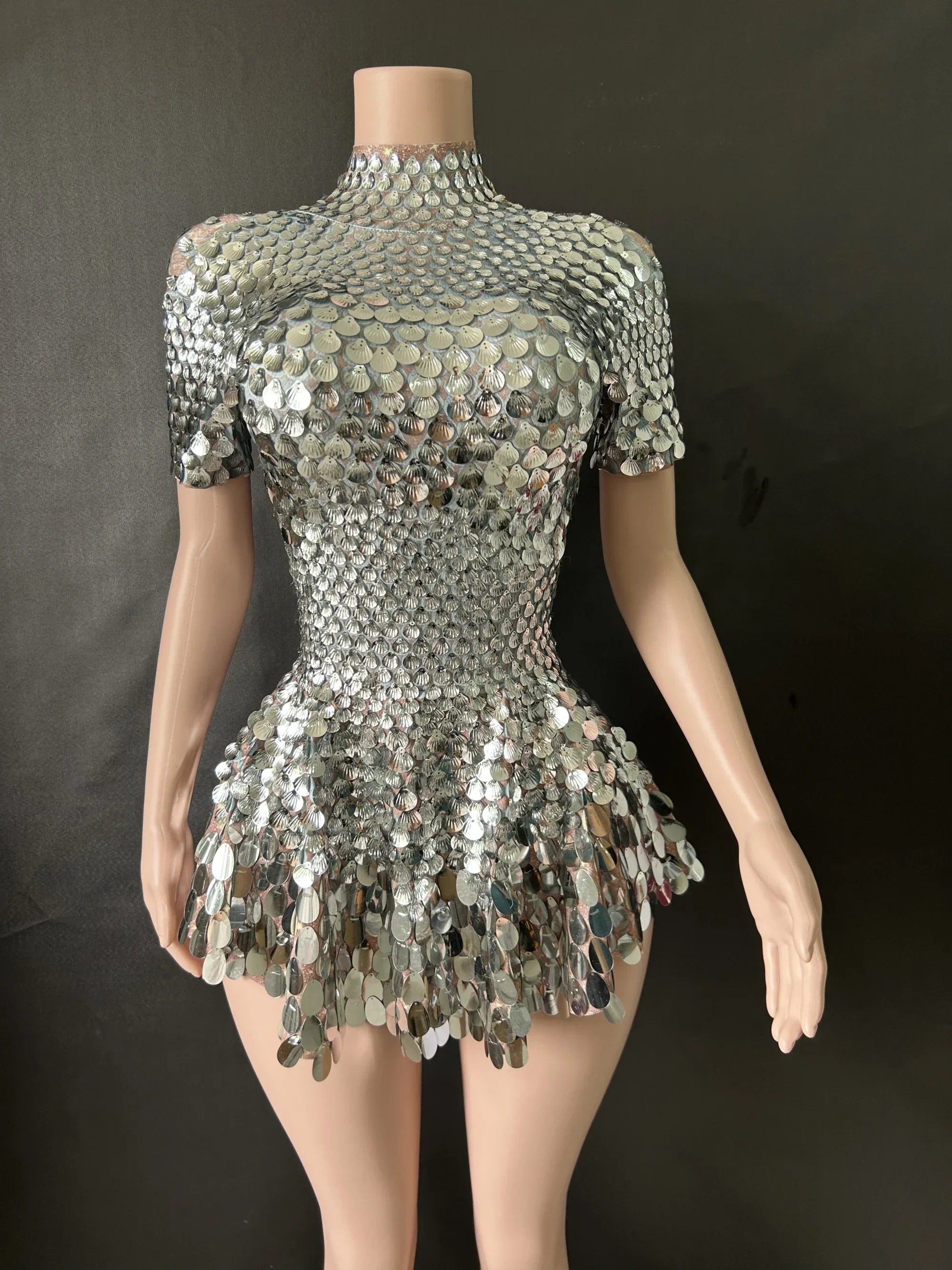 Dress Sexy Nightclub Leotard Shining Lovely SequinsMini Costume Celebrate RhinestoneBodysuit Birthday Silver Dresses Bar Stage