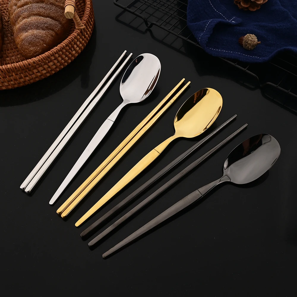 8Pcs Korean White Golden Dinnerware Set Stainless Steel Tableware Spoons Chopsticks Cutlery Set Kitchen Flatware Service for 4 - view 2