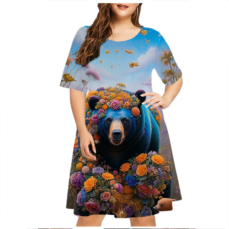 Ocean Whale Dress Rainbow Scenery Short Sleeve Dress Elegant Sweet Casual Summer Beach Print Dress Plus Size Women Clothing 6XL