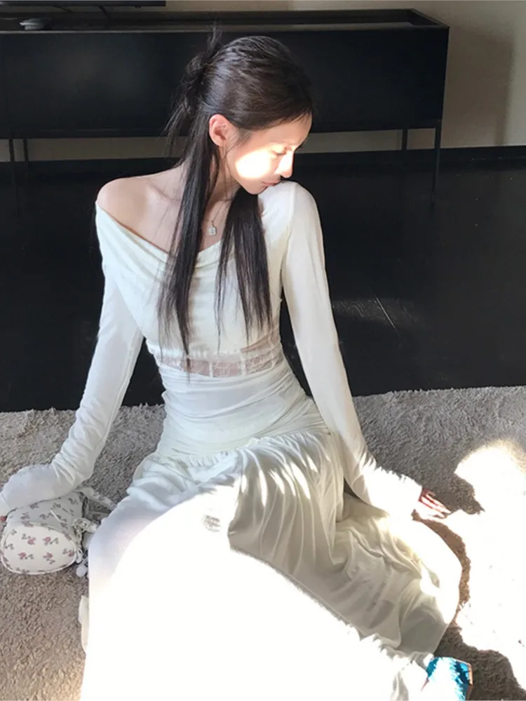 Conjunto de faldas elegantes de 2 piezas para mujer, trajes de fiesta a la moda, encaje ahuecado, Top ajustado de manga larga, falda acampanada, ropa de otoño Y2k