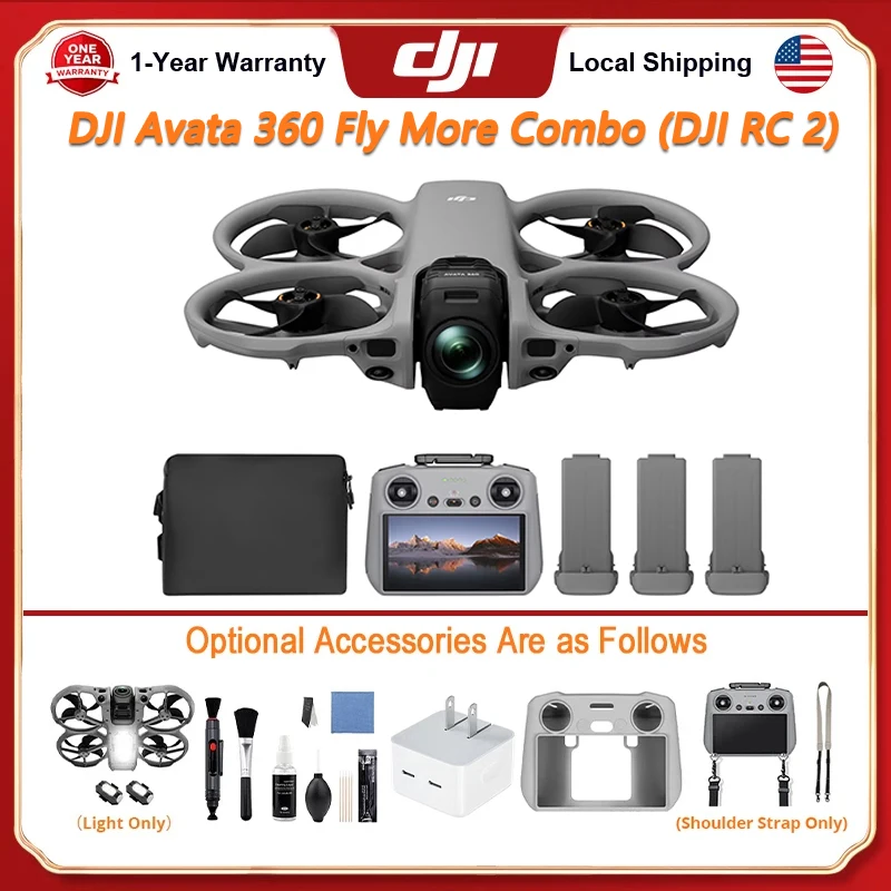 DJI Avata 360 Fly More Combo (DJI RC 2) Drones With a Camera FPV Drone 4k Professional 360° Panorama Obstacle Avoidance 12KM Transmission DJI Drone With Optional Accessory Flash Light Cleaning Kit Charger