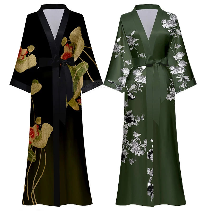 Female Long Robe Nightgown New Spring Summer Sexy Print Flower Kimono Bathrobe Gown Casual Silk Satin Home Dress Lounge Wear