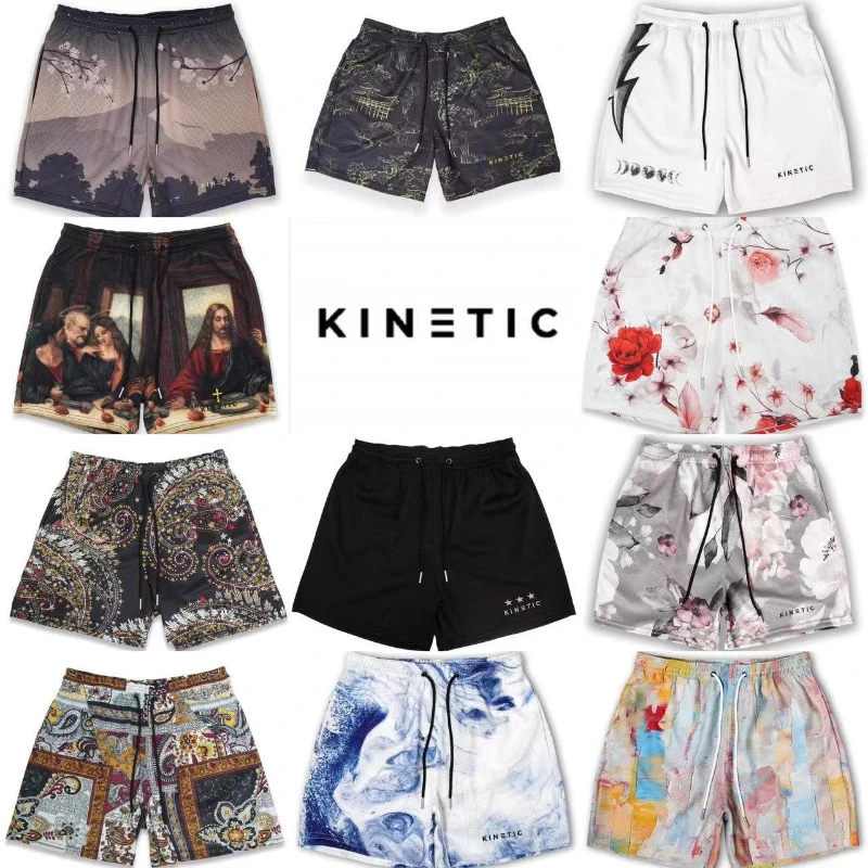 KINETIC Trend Basic Mesh Shorts Classic Floral Printed Short Pants Gym Fitness Shorts Mens Sports Beach Casual Basketball Shorts