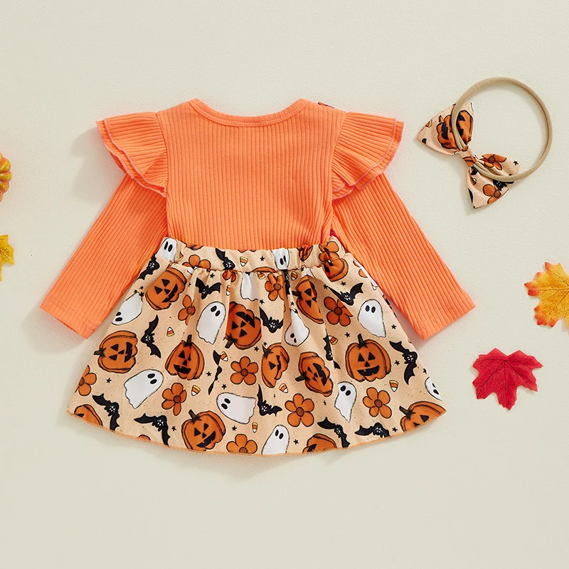 Newborn Girl Outfit, Long Sleeve Crew Neck Pumpkin Ghost Print Patchwork Romper Dress with Headband Halloween Clothes