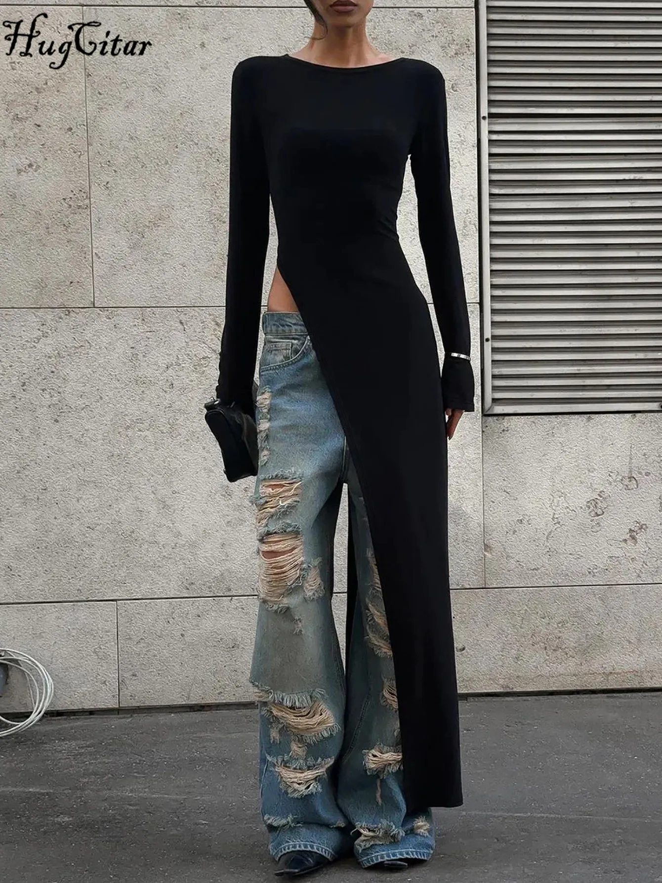 Hugcitar Black Long Sleeve Slit Sexy Bodycon Maxi Dress Spring Women Fashion Y2K Clothes Streetwear Party Festival Wholesale