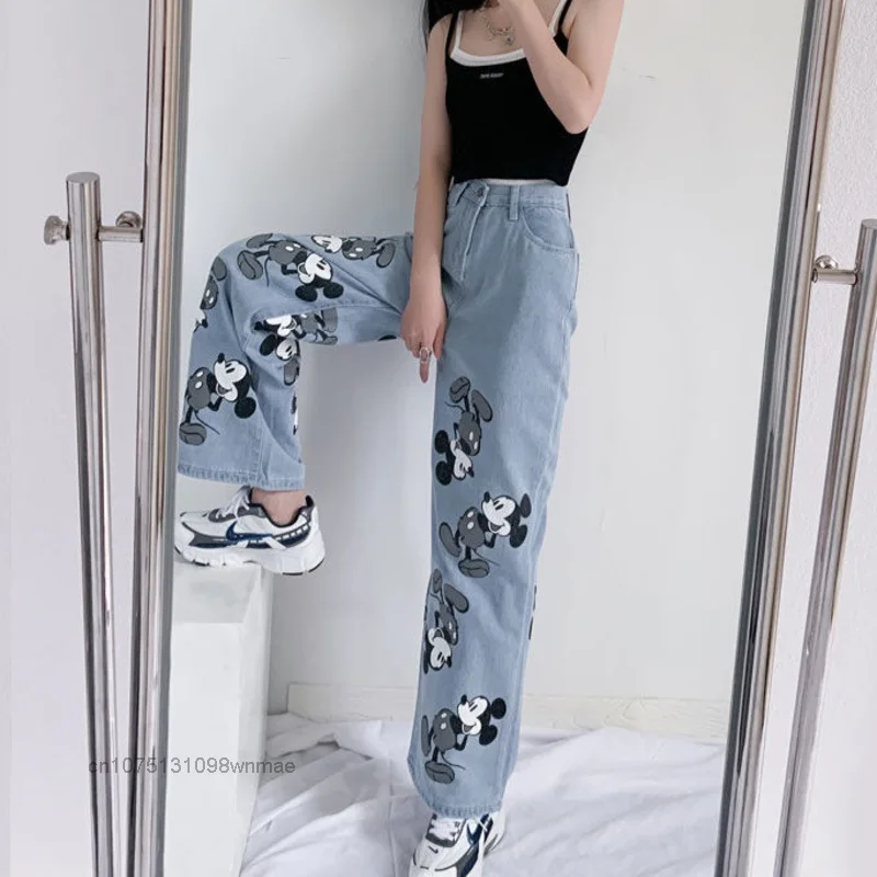 Disney Cute Trendy Cartoon Print Mickey Mouse Jeans for Women New Couple Casual Wide Leg Denim Pants Autumn Trousers Clothes