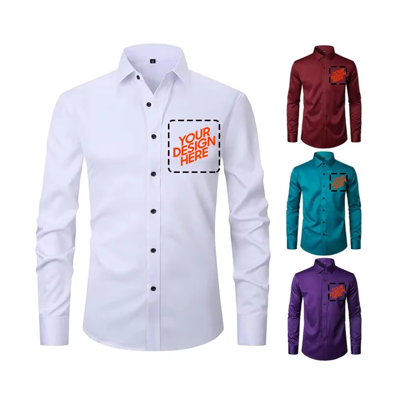 Diy Your Logo Herren-Langarmhemd, dehnbar, bügelfrei, knitterfrei, minimalistisch, Business-Casual, seidig und spurlos