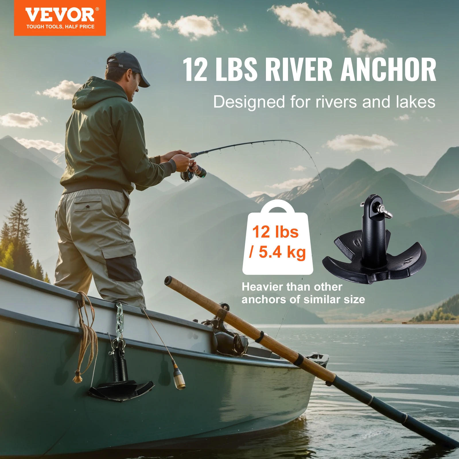 VEVOR River Anchor 12/30 LBS Boat Anchor Cast Iron Black Vinyl-Coated with Shackle Marine Grade Mushroom Anchor Up To 10 ft