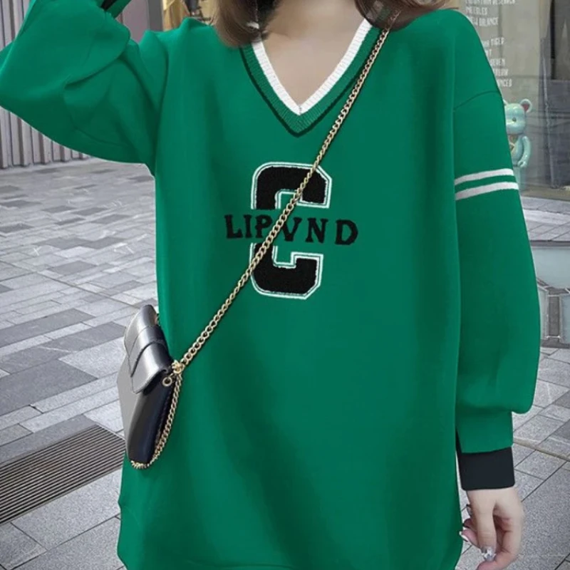 Green V Neck Pullover Spring and Autumn Woman Tops Sport Cheap Korean Popular Clothes 90s Vintage New In E Sweatshirt for Women